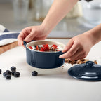 Ceramic Mini Cocotte Set, Small Casserole Dishes with Lids and Handles, Individual Baking Ramekins, Oven, Microwave & Dishwasher Safe, Stoneware, 12 Oz, Set of 4, Navy