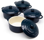 Ceramic Mini Cocotte Set, Small Casserole Dishes with Lids and Handles, Individual Baking Ramekins, Oven, Microwave & Dishwasher Safe, Stoneware, 12 Oz, Set of 4, Navy
