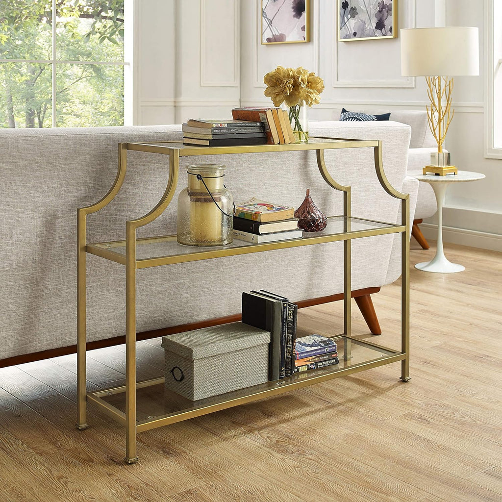 Aimee Sofa Console Table with Storage Shelves for Hall, Entryway, or Living Room, Gold and Glass