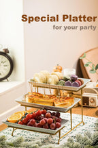 3 Tier Serving Stand Porcelain Serving Platter Tier Serving Trays with Collapsible Sturdier Rack, Serving Dishes and Platters for Valentine'S Day, Christmas, Entertaining, Gold, 12 Inch
