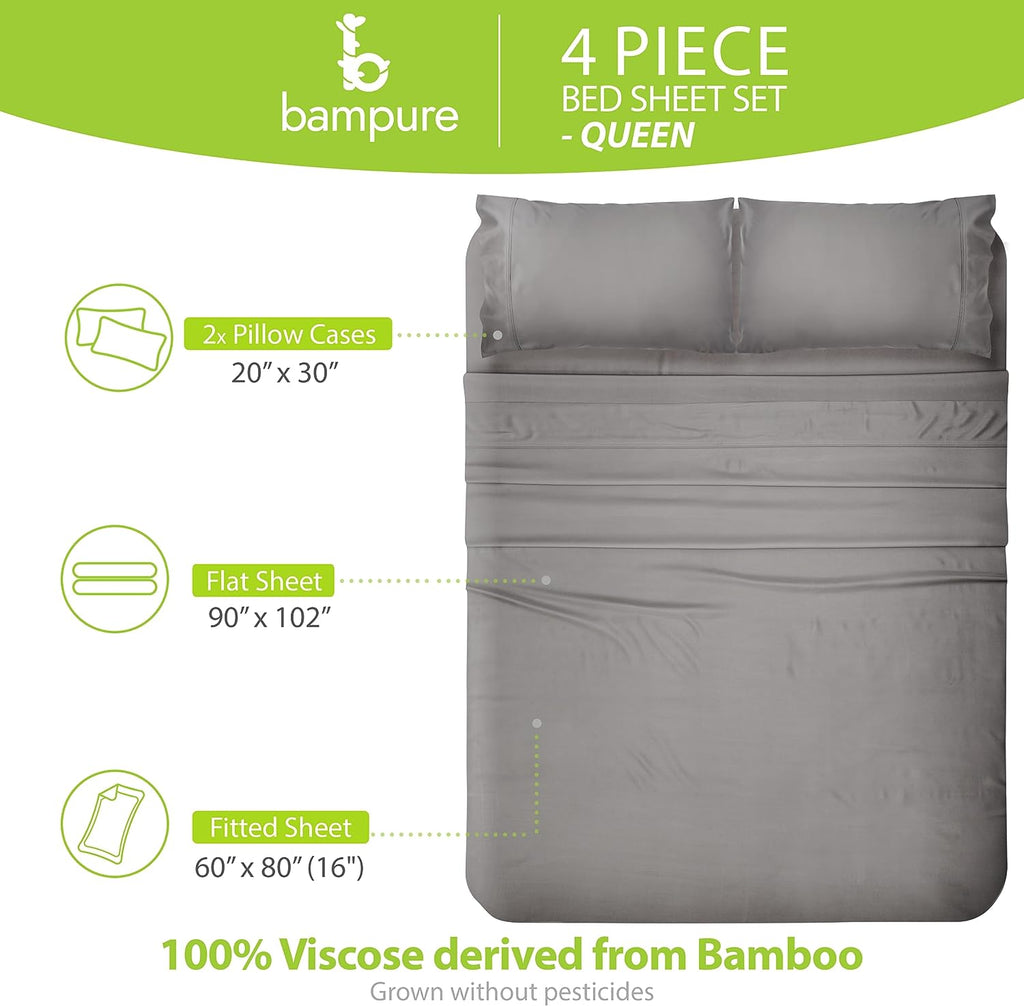 Luxury Series Queen Sheet Set - 100% Pure Viscose Bamboo Sheets - Super Soft, Cooling for Hot Sleepers - Deep Pocket (S Grey)