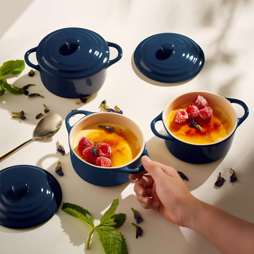 Ceramic Mini Cocotte Set, Small Casserole Dishes with Lids and Handles, Individual Baking Ramekins, Oven, Microwave & Dishwasher Safe, Stoneware, 12 Oz, Set of 4, Navy