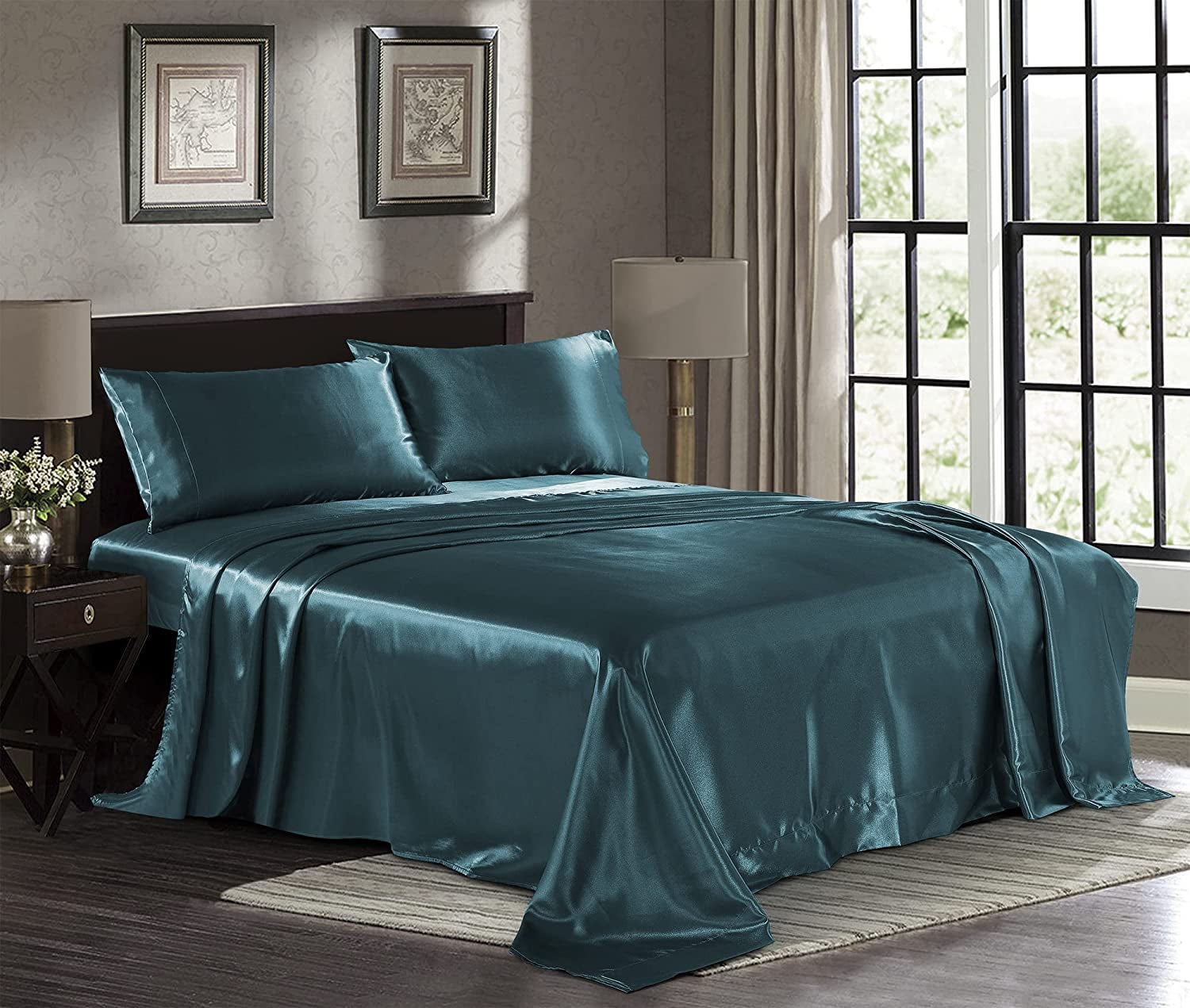 Satin Sheets King [4-Piece, Teal] Hotel Luxury Silky Bed Sheets - Extra Soft 1800 Microfiber Sheet Set, Wrinkle, Fade, Deep Pocket Fitted Sheet, Flat Sheet, Pillow Cases