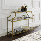 Aimee Sofa Console Table with Storage Shelves for Hall, Entryway, or Living Room, Gold and Glass