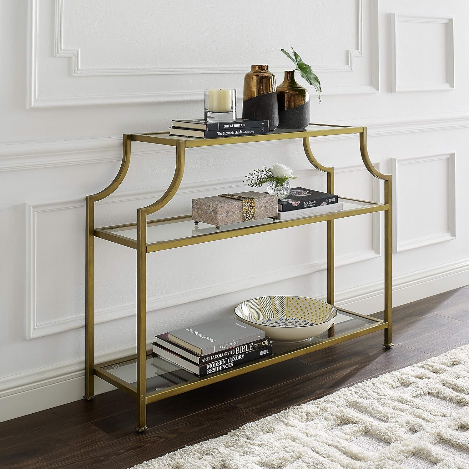 Aimee Sofa Console Table with Storage Shelves for Hall, Entryway, or Living Room, Gold and Glass