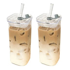 1Pcs Square Heat Resistant Coffee Glass Cup with Lid and Straw Transparent Milk Tea Juice Cups Coffee Mug for Home Bar Drinkware