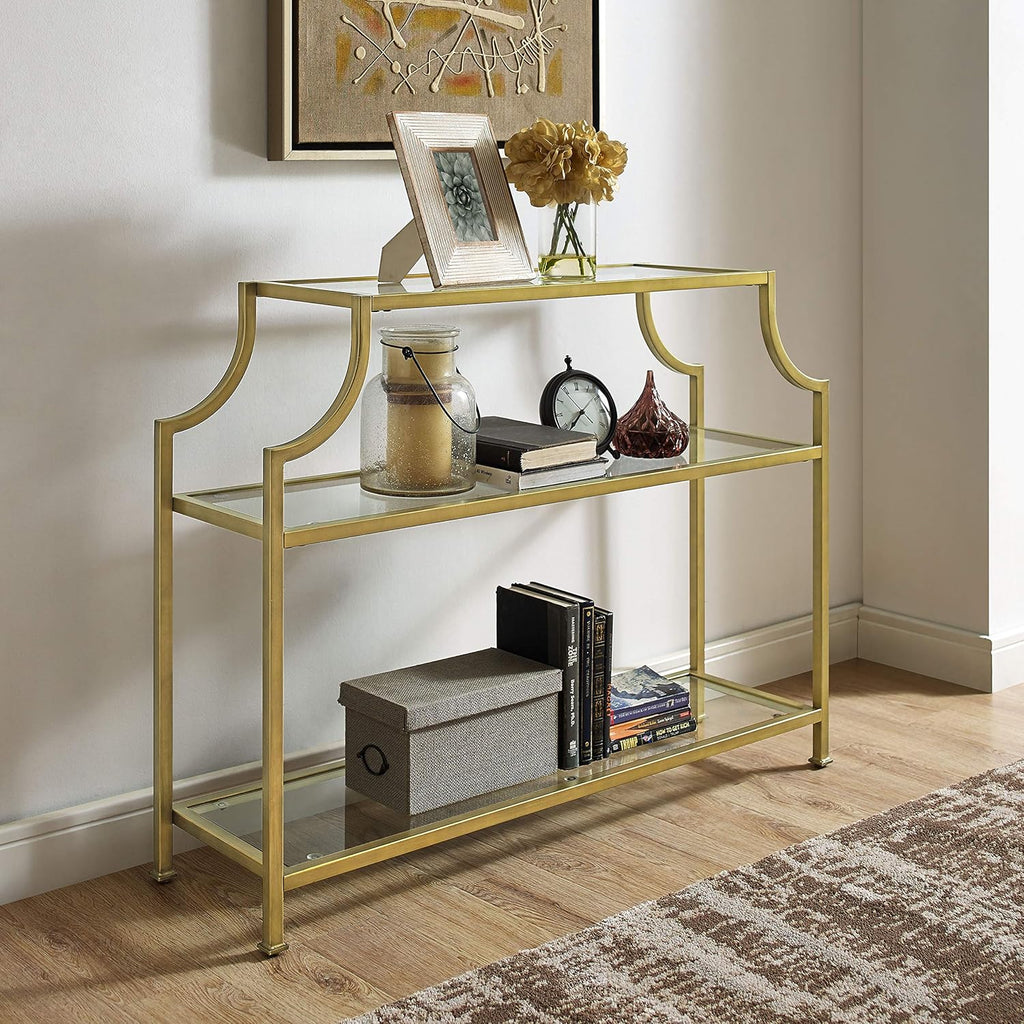 Aimee Sofa Console Table with Storage Shelves for Hall, Entryway, or Living Room, Gold and Glass
