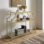 Aimee Sofa Console Table with Storage Shelves for Hall, Entryway, or Living Room, Gold and Glass