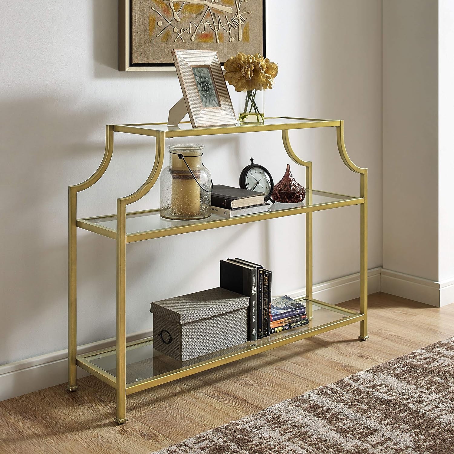 Aimee Sofa Console Table with Storage Shelves for Hall, Entryway, or Living Room, Gold and Glass