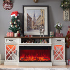 Farmhouse 3-Sided Fireplace TV Stand for 80" Tvs, 70" Entertainment Center with Electric Fireplace and Storage Drawers, Antique White